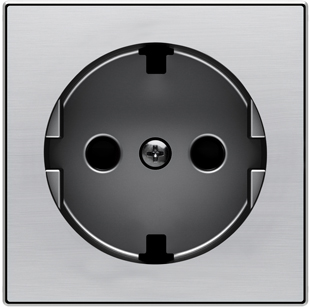 Розетка с заземлением со шторками плоская с винтовыми клеммами ABB Sky, нержавеющая сталь 2CLA818890A1001 + 2CLA858890A1401